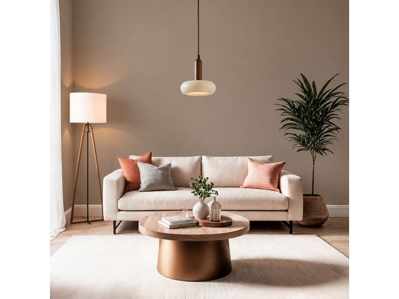  Suspension design cylindrique en travertin et bois effet noyer iris  - Conforama D