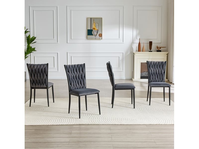  Chaise de salle à manger à dossier haut tressé en velours et métal gris foncé  - Conforama D