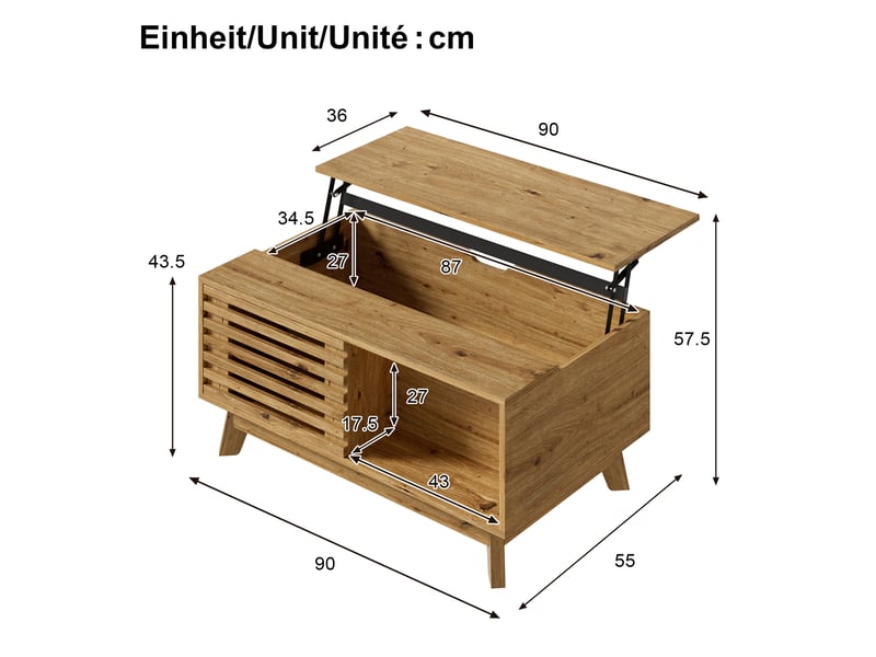  Table basse 90x55x57,5 cm en mdf avec plateau relevable et porte coulissante naturelle chicfurn  - Conforama D