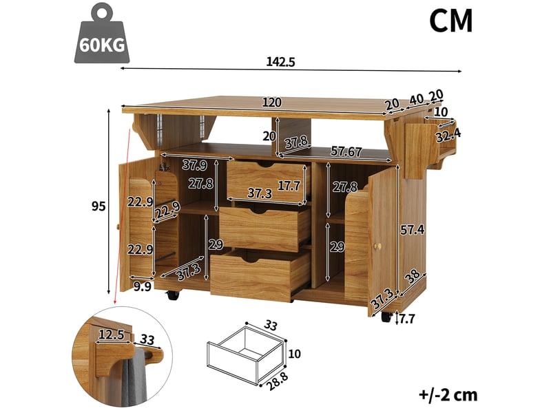  Desserte de cuisine avec rabats 3 tiroirs mdf et métal marron 142.5x80x95 cm N620CC260704C - Conforama C