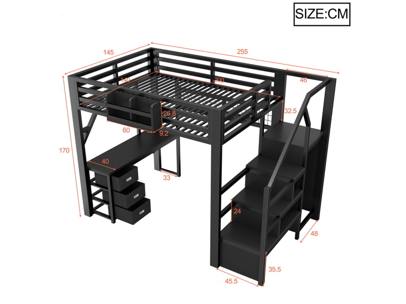  Lit mezzanine modenvie 140 x 200 cm en métal avec bureau, 3 tiroirs, rangements, armoire, led, noir  - Conforama C