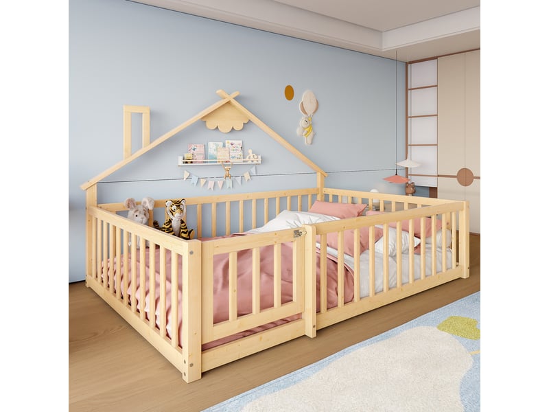  Lit enfant 140x190 cm, forme de maison, garde-corps, sommier, pin naturel, sans matelas  - Conforama W