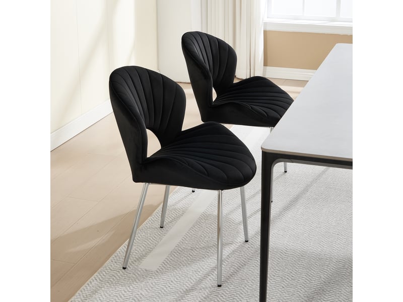  Chaises de salle à manger lot de 2 sans accoudoirs  - dossier incurvé, pieds métal argenté, velours noir  - Conforama C