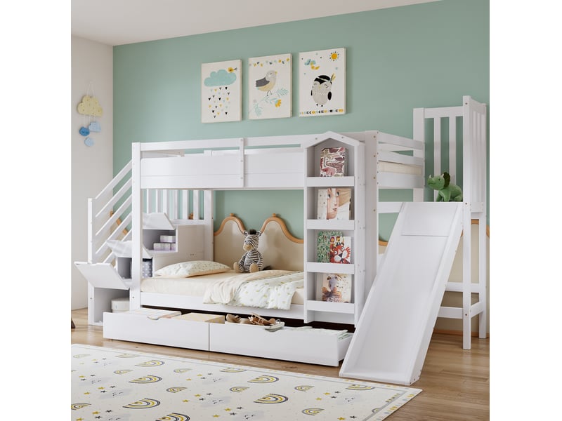  Lit mezzanine enfant 90x200 cm, toboggan, escalier de rangement, bibliothèque et 2 tiroirs, mdf, blanc, sans matelas  - Conforama B