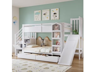 Lit mezzanine enfant 90x200 cm, toboggan, escalier de rangement, bibliothèque et 2 tiroirs, mdf, blanc, sans matelas