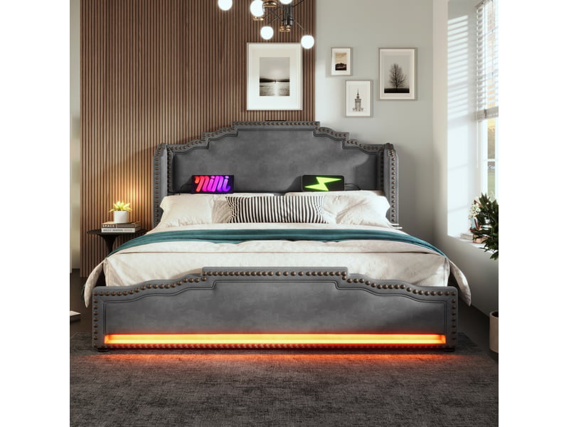  Lit rembourré ulevr 160x200 avec 4 tiroirs, led, usb et type-c, sommier à lattes, velours gris, avec matelas  - Conforama E