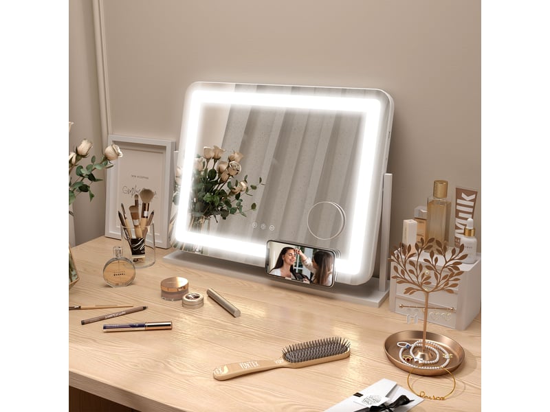 Miroir de courtoisie pivotant 58 x 46 cm avec 3 modes d'éclairage réglables, interrupteur tactile, miroir grossissant, blanc - Conforama C