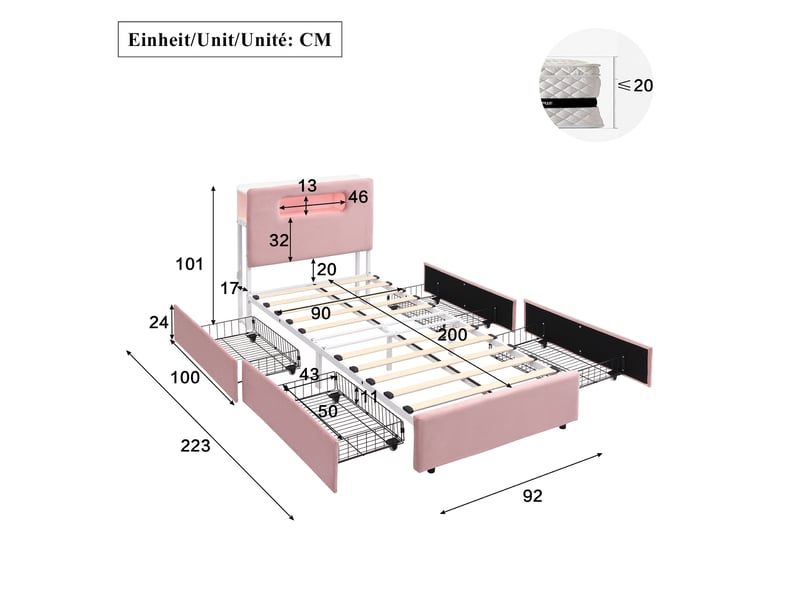  Lit enfant 90x200 cm lit rembourré avec 4 tiroirs et led via application, velours rose, sans matelas  - Conforama C