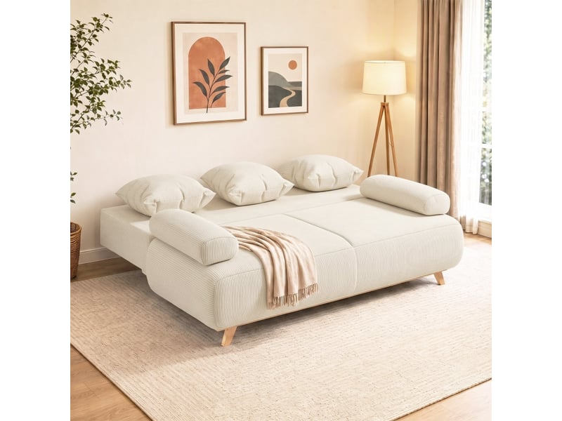  Canapé convertible avec coffre de rangement, banquette clic clac lit 2-3 places pour salon, et revêtement velours côtelé 188x100x84 cm, beige  - Conforama B