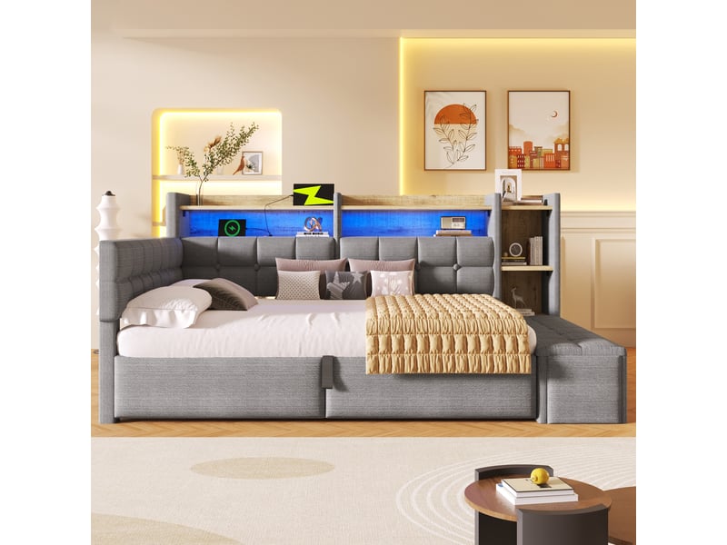 Lit coffre hydraulique 140x200 cm avec led multicolore, usb et usb-c et banc coffre, velours gris foncé, sans matelas - Conforama W