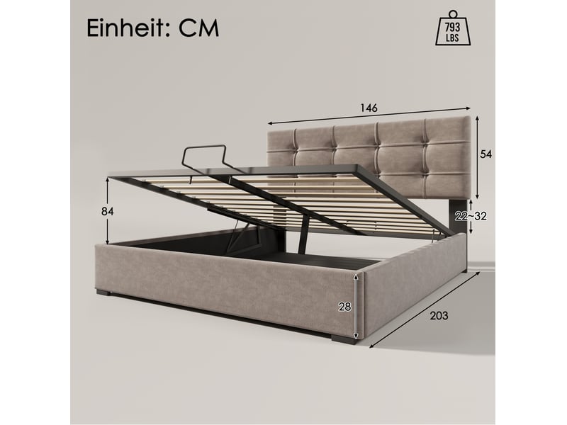  Lit coffre 140 x 200 cm gris clair en velours avec matelas et tête de lit réglable  - Conforama E