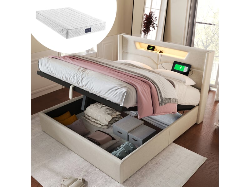  Lit coffre ulevr 160x200 cm avec led et usb type-c, lit double rembourré en tissu lin beige avec sommier à lattes  - Conforama B