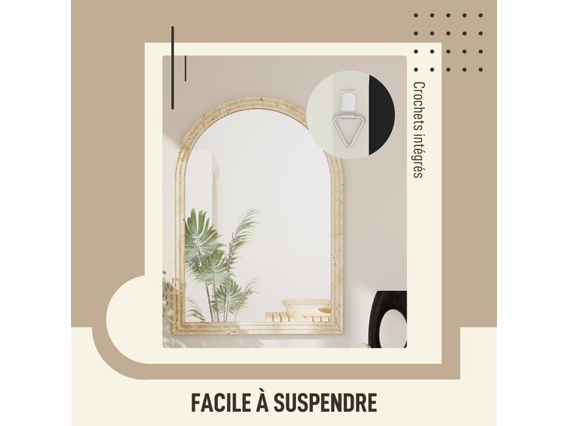  Miroir mural arqué, miroir moderne avec bord rainuré et crochets, verre trempé et polystyrène, 50 x 70 cm, beige  - Conforama E