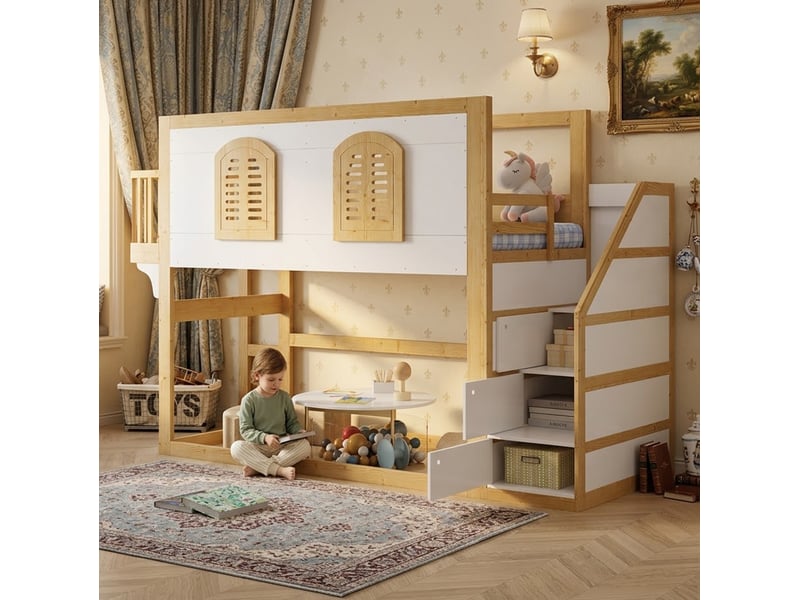  Lit mezzanine 90x200 cm avec armoire d’escalier, espace de jeu et fenêtres, bois, blanc et nature, sans matelas  - Conforama D
