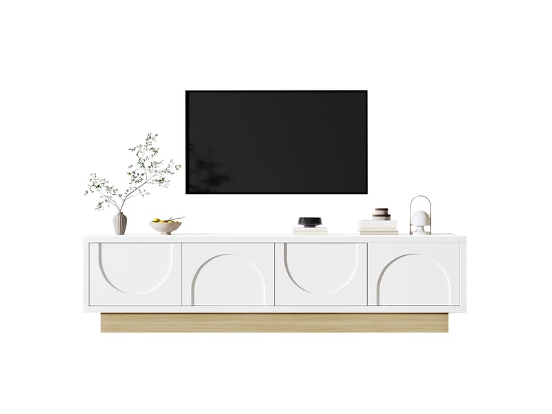  Meuble tv, 175x40x41,5 cm, effet bois, 4 portes, passe-câbles, lignes courbées, design moderne et élégant pour salon  - Conforama A