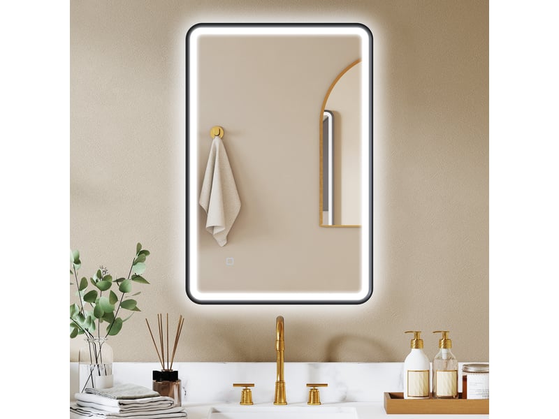  Miroir de salle de bain led avec cadre en aluminium noir 90x60 cm  - Conforama B