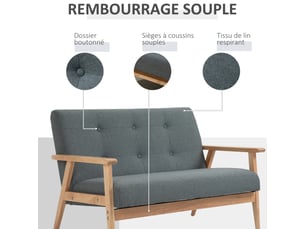 Canapé 2 places style scandinave avec accoudoirs, pieds en bois, gris, 115l x 66,5p x 73h cm
