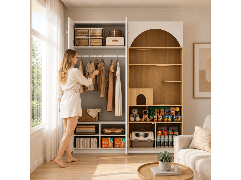  Armoire penderie 180x50x200 cm - meuble multifonction blanc et aspect bois avec tringle  - Conforama R