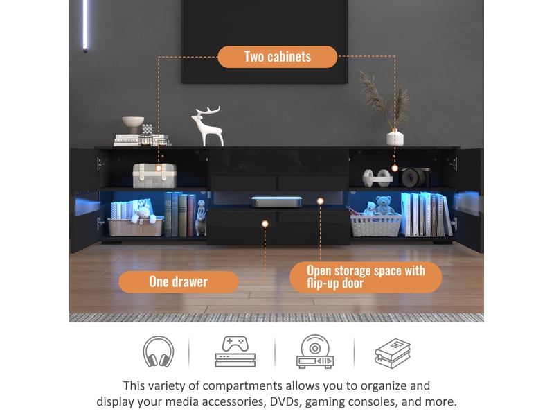  Meuble tv 160x39x45 cm, panneau de particules noir laqué, rangement avec insert acrylique, 2 portes et 1 tiroir à ouverture push, led intégrée  - Conforama E