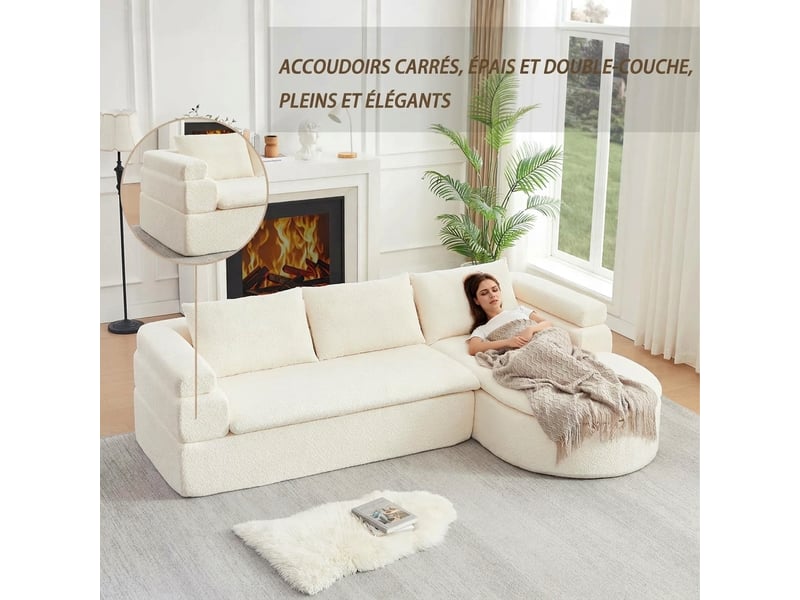  Canapé d'angle avec méridienne en chenille 3 places beige crème - dossier épais et forme arrondie  - Conforama R
