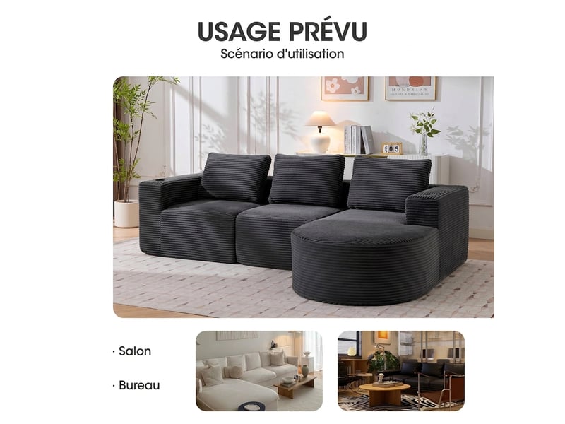  Canapé 2 places velours côtelé gris foncé 265 cm - compact avec 3 coussins et porte-gobelets  - Conforama W