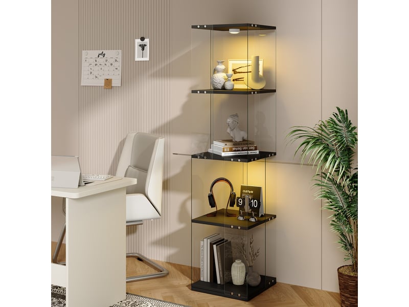  Vitrine verre rotative 360° - 38x38x160cm - bibliothèque pivotante 4 niveaux avec éclairage led multicolore tactile - noir  - Conforama B