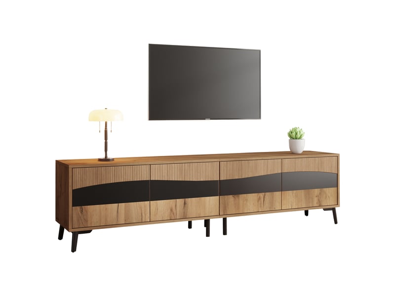  Meuble tv bas 180 cm avec 4 portes, effet bois, meuble de salon, aggloméré, bois et noir  - Conforama A