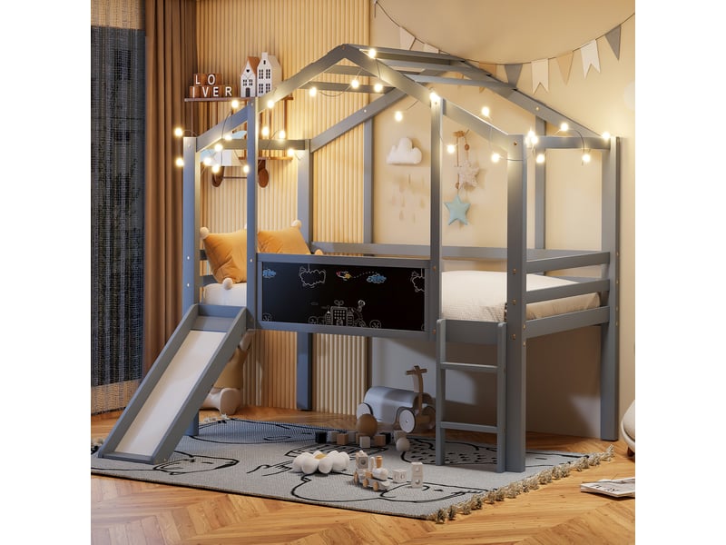  Lit mezzanine enfant 90x200 cm avec toboggan, échelle et tableau, gris  - Conforama D