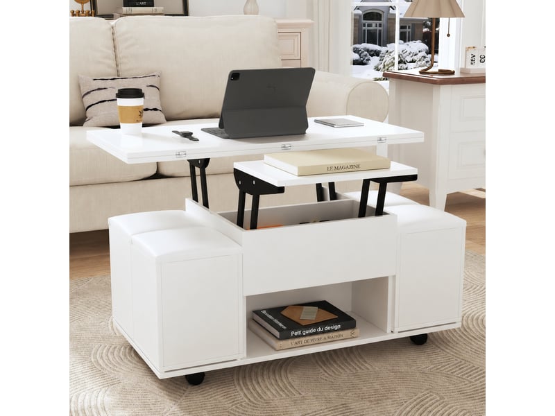 Table basse relevable avec rangement, transformable, 4 poufs et roulettes, 100 x 50 x 48 cm, blanc - Conforama C