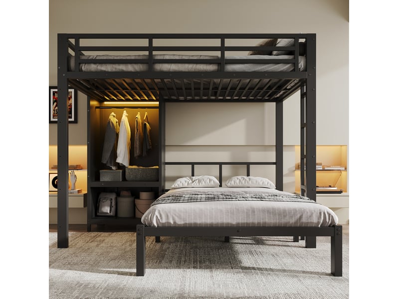  Lit superposé 120x200 cm en métal noir avec armoire et éclairage led  - Conforama D