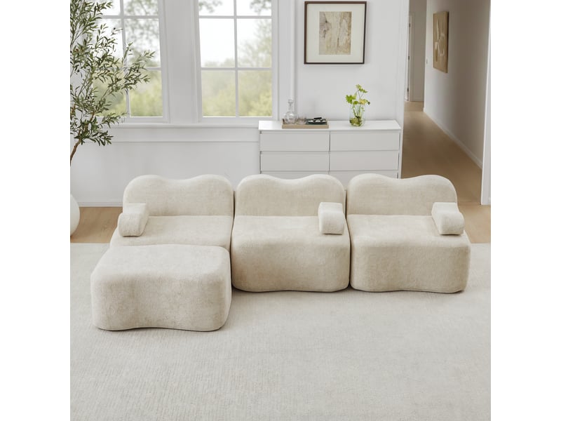  Canapé d'angle modulable 3 places en velours beige - mousse 32d assise profonde avec ottoman  - Conforama E