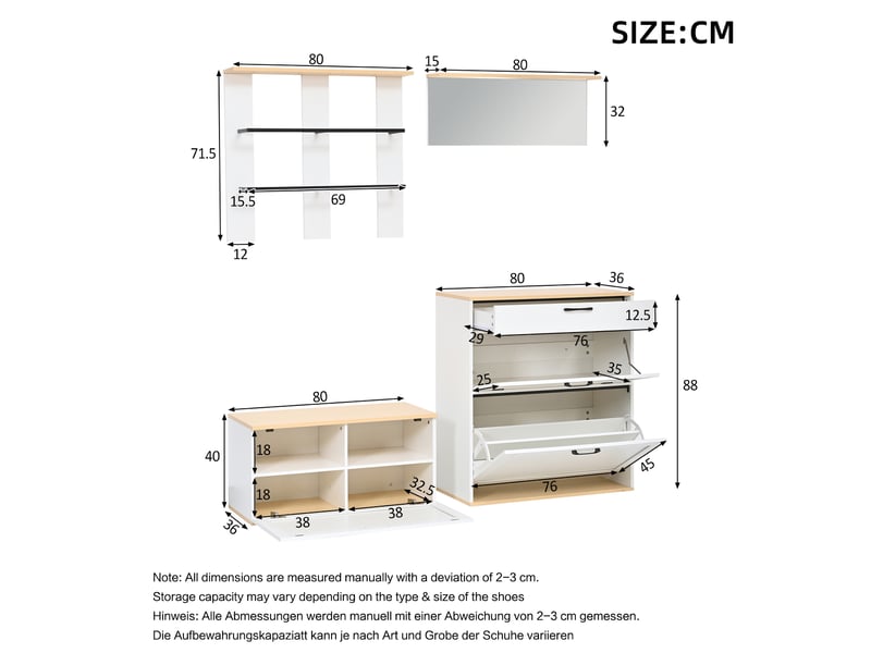  Meubles d'entrée modulables avec meuble à chaussures, banc, miroir, tiroir et 2 tringles en métal 156 × 36 × 176 cm  - Conforama C