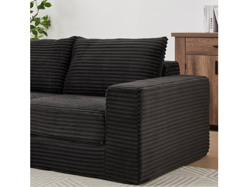  Canapé droit convertible 2 places en velours côtelé noir avec pouf amovible et 2 coussins, modulable au salon  - Conforama D