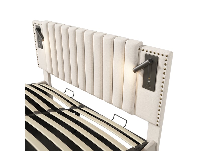  Lit coffre 160x200 beige en tissu, tête de lit réglable avec led, usb et rangements pour chambre adulte  - Conforama E