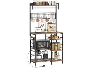 Étagère de cuisine avec trois prises, éclairage led industriel et étagères pour micro-ondes, 80 x 42 x 162 cm, marron rustique