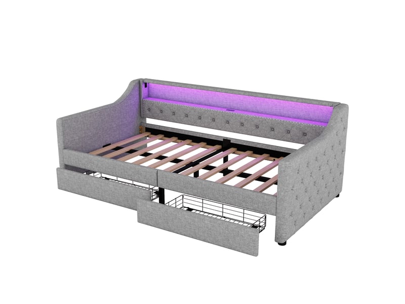 Lit clic-clac 90x200 cm gris lin - sommier lattes, led avec télécommande, 2 tiroirs, port usb, sans matelas - Conforama A