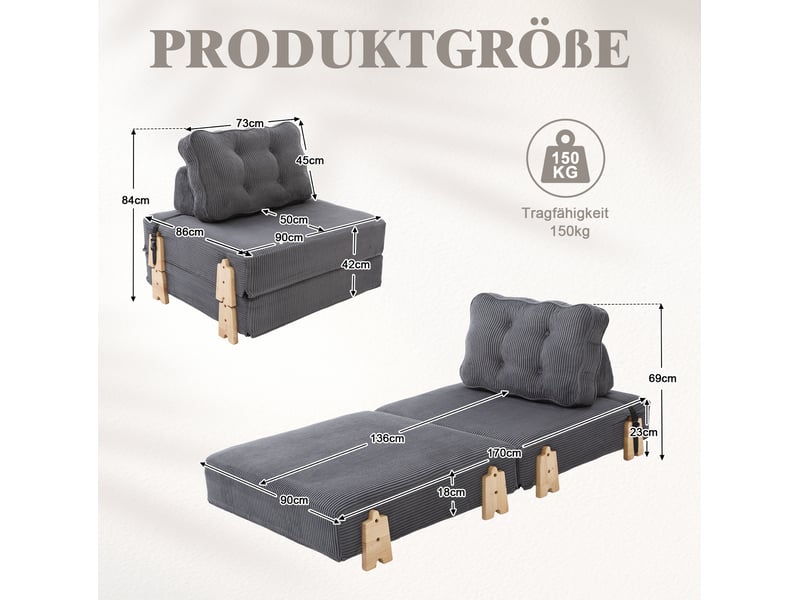  Fauteuil convertible 90*86*84cm en velours côtelé avec pieds en bois gris foncé chicfurn  - Conforama D