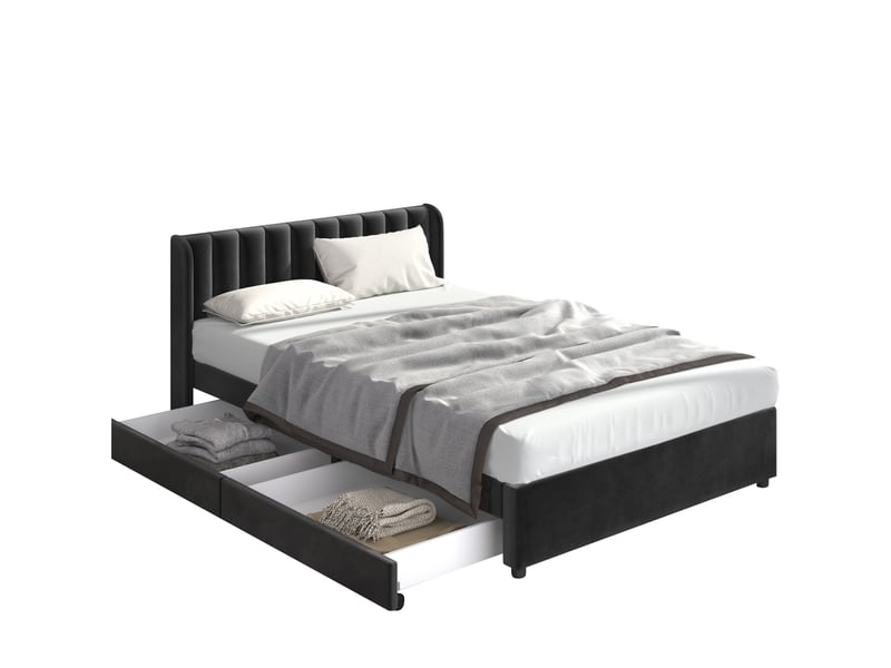  Lit double capitonné 160x200 cm avec deux tiroirs, lit double avec sommier à lattes et tête de lit, lit 2 personnes, noir  - Conforama R