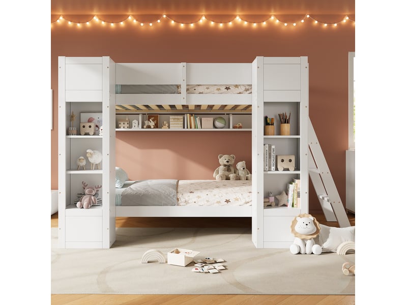  Lit superposé enfant modenvie 90 x 200 cm blanc avec rangements, échelle réversible et protection anti-chute  - Conforama D