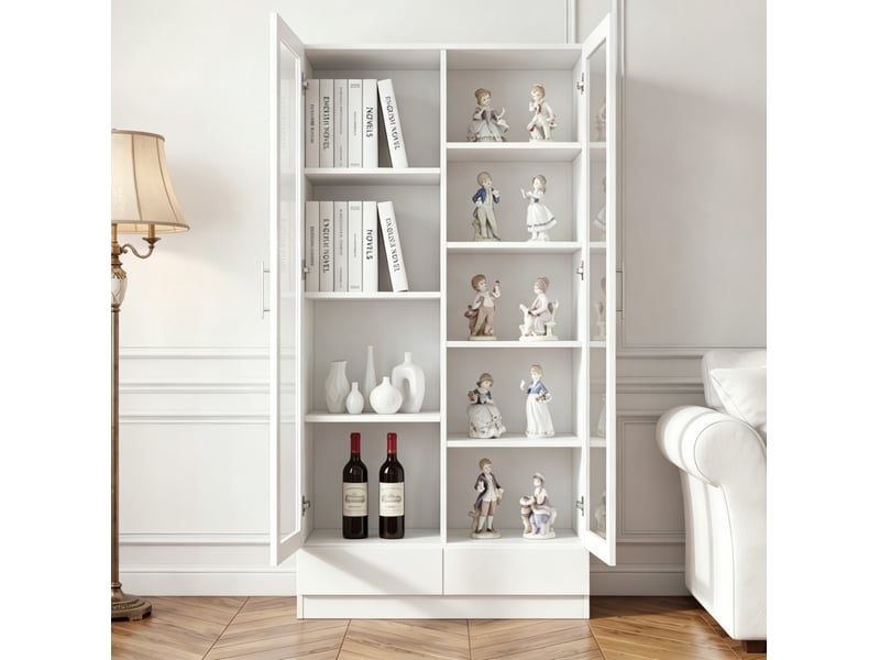  Armoire vitrée de rangement 80 x 40 x 160 cm – blanc – 2 tiroirs push-to-open et rangement modulable  - Conforama B