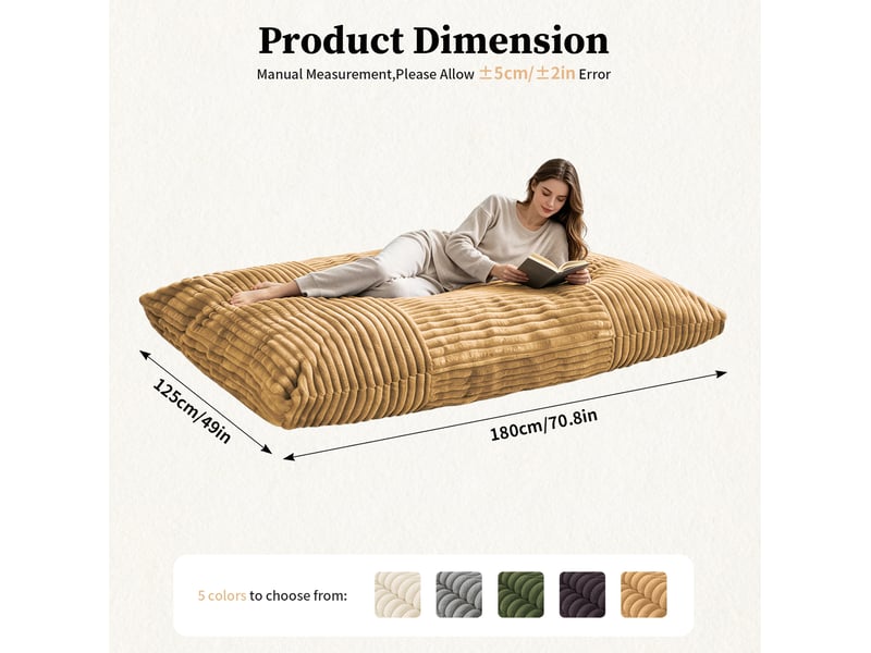  Grande fauteuil pouf convertible 180x125 cm pour la détente, sans assemblage, assise moelleuse, tissu côtelé jaune  - Conforama C