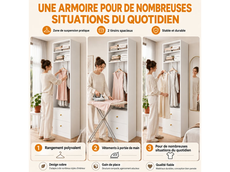  Armoire étroite 50x30x200 cm, penderie ave 2 tiroirs, 1 tringle, 2 compartiments, armoire haute, blanc  - Conforama E