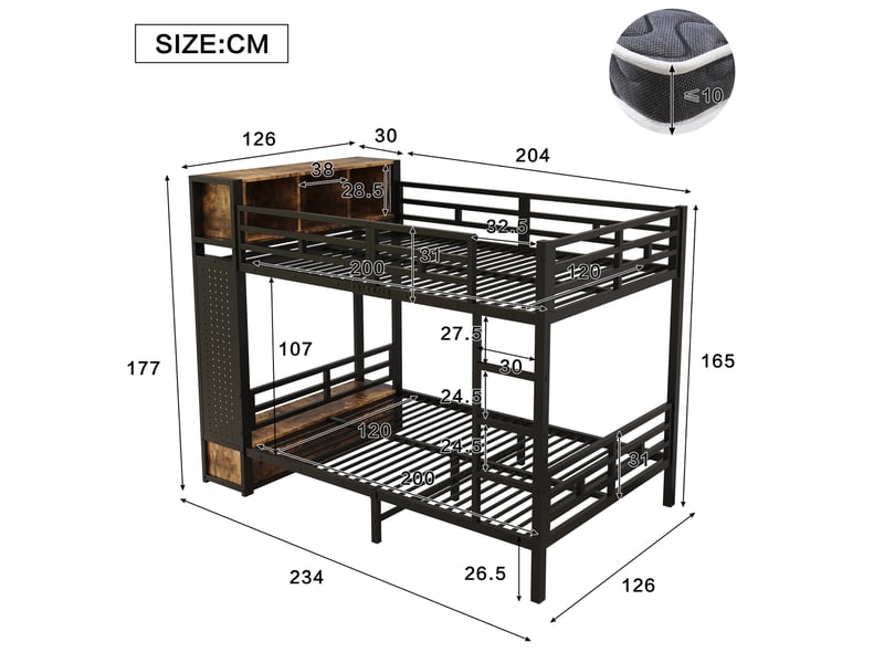 Lit superposé 120 × 200 cm avec rangement, penderie, tiroir, panneau perforé et niches pour chambre enfant noir - Conforama C