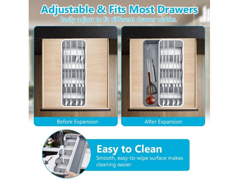  Organiseur de tiroir à couverts - plateau à couverts extensible - plateau à ustensiles compact - organiseur de rangement multifonction pour cuillères - grey silver  - Conforama E