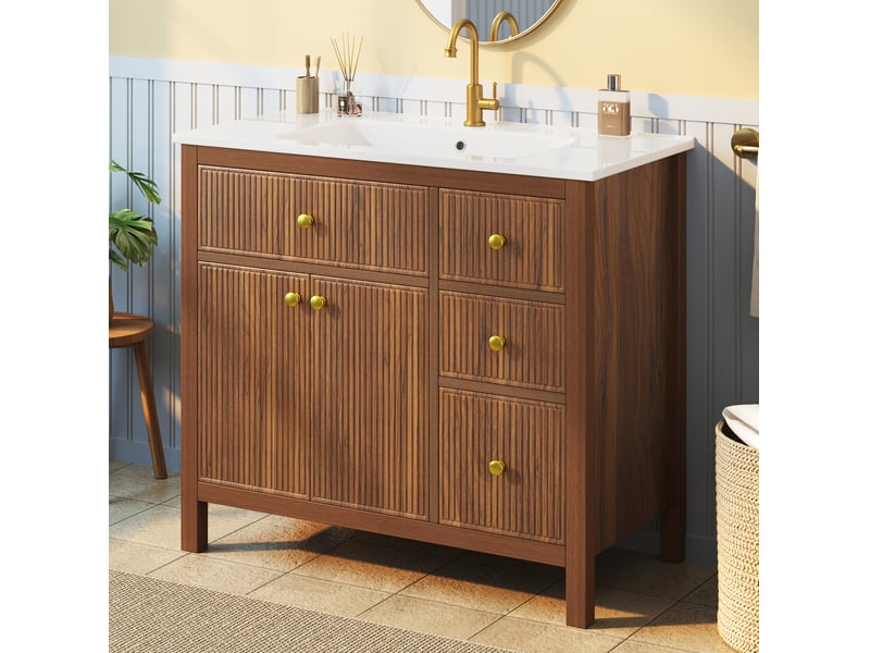  Meuble sous vasque 91x48x88 cm avec vasque céramique, 4 tiroirs, coloris noyer  - Conforama B