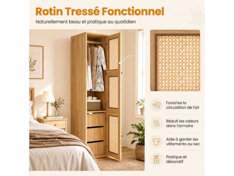 Armoire penderie 90x50x200 effet chêne 2 portes 6 tiroirs - Conforama W
