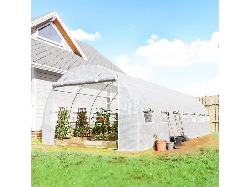  Serre de jardin tunnel 24m² 8l x 3l x 2h m - 16 fenêtres, porte zippée enroulable acier galvanisé, bâche pe, blanc  - Conforama C