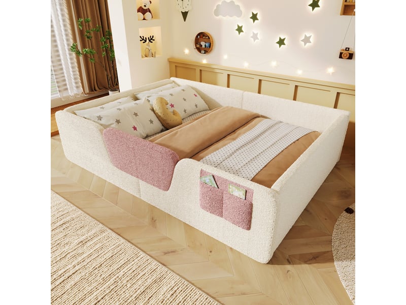 Lit rembourré 140 x 190 cm, barrières de sécurité amovibles, poche de rangement intégrée, velours, beige Bliss Lite - Conforama B