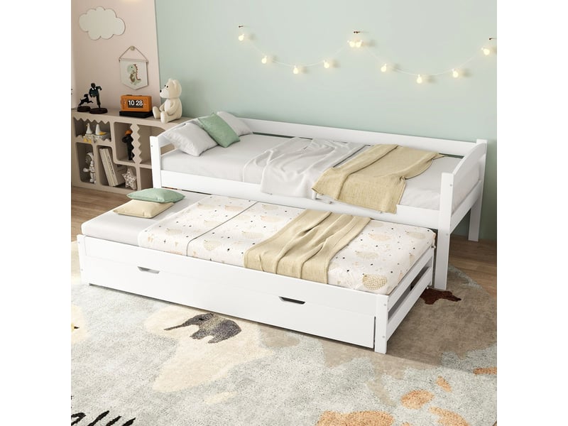 Lit banquette 90x200 cm avec lit gigogne 90x190 cm-tiroirs de rangement en mdf-structure en pin massif-blanc - Conforama B