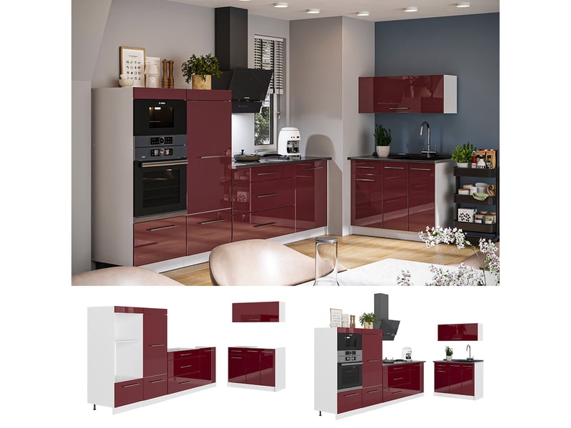  Vicco cuisine, rouge bordeaux haute brillanceblanc, 380cm sans pt  - Conforama D